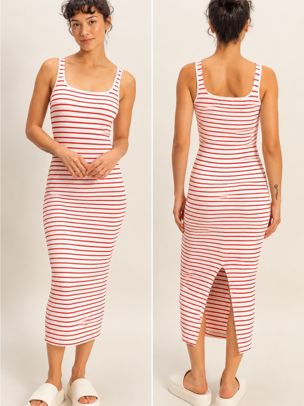 Double Zero Red & White Striped Ribbed Midi Tank Dress – Small NWT